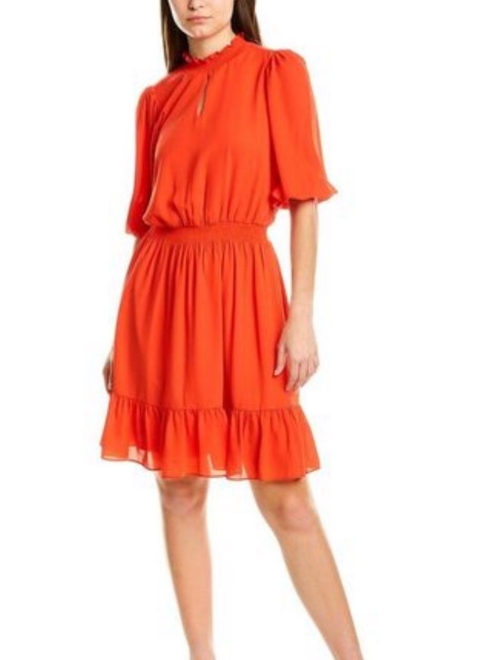 Nanette Lepore Puffed Sleeve Smoke Neck Mini Keyhole Orange Dress Size Medium